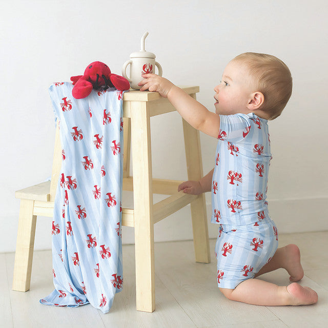 Two-Piece Short Sleeve + Shorts PJ Set - Blue Stripes + Lobsters