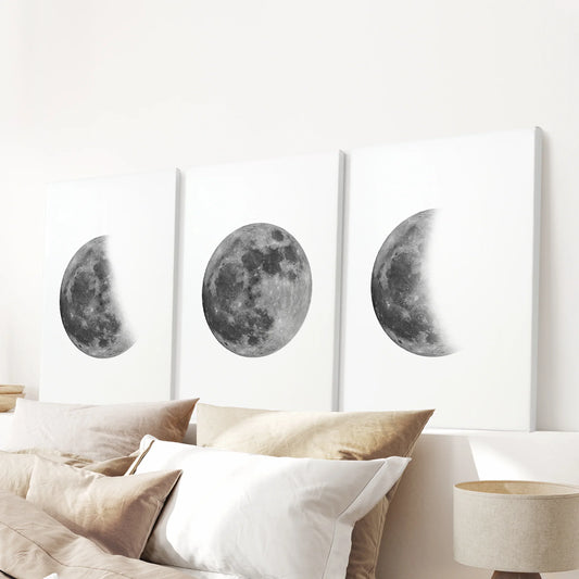 Moon Phases Set of 3 Prints. Black and White Lunar Cycle