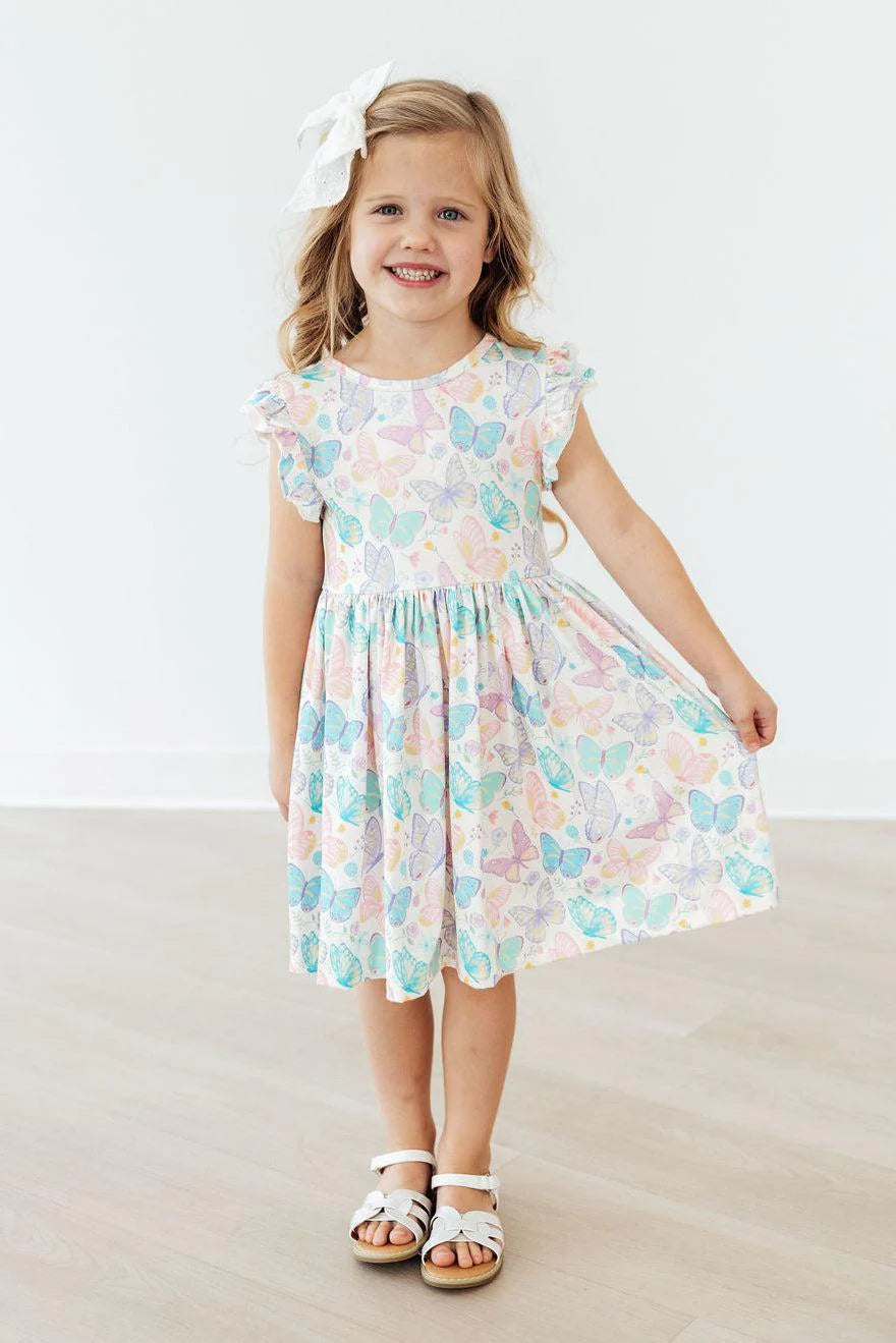 FLUTTERING BUTTERFLIES FLUTTER SLEEVE TWIRL DRESS