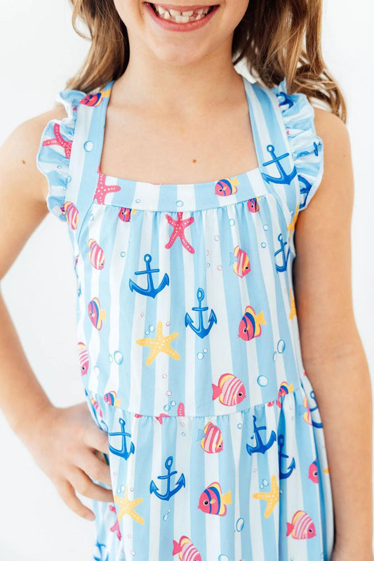 TIDEPOOL TREASURES RUFFLE CROSS BACK DRESS