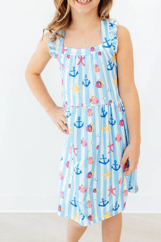 TIDEPOOL TREASURES RUFFLE CROSS BACK DRESS