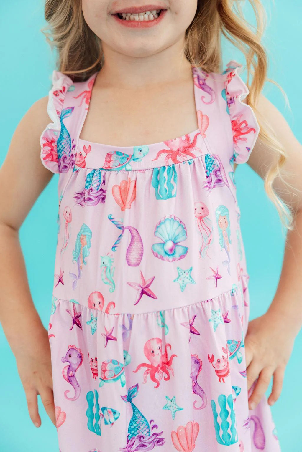 UNDER THE SEA RUFFLE CROSS BACK DRESS