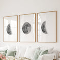Load image into Gallery viewer, Moon Phases Set of 3 Prints. Black and White Lunar Cycle
