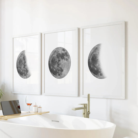 Moon Phases Set of 3 Prints. Black and White Lunar Cycle