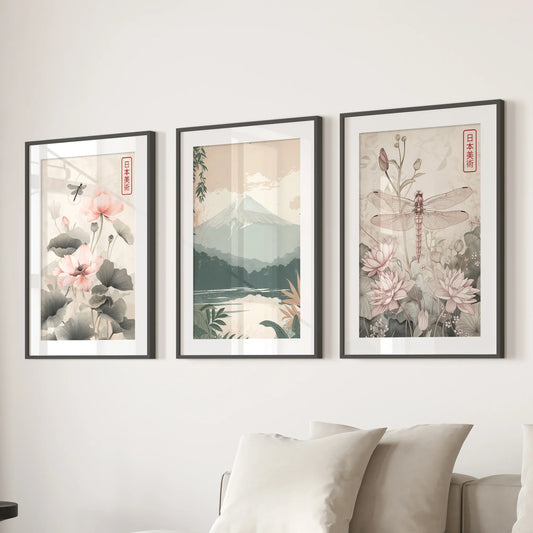 Japandi Style Set of 3 Wall Art. Floral and Mountain Prints