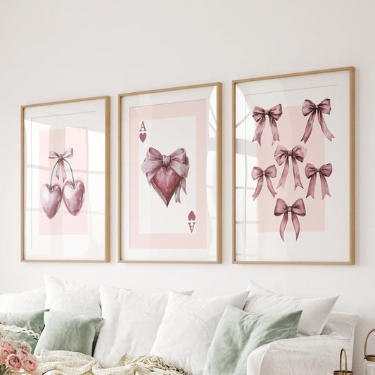 Coquette Cherry Wall Art Set of 3. Pink Romantic Decor