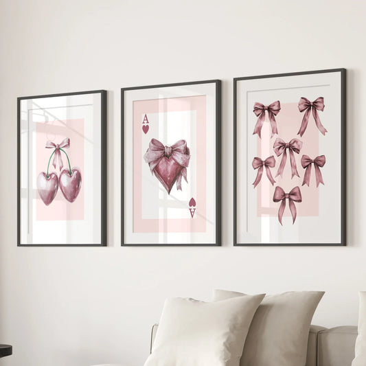 Coquette Cherry Wall Art Set of 3. Pink Romantic Decor