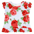 Load image into Gallery viewer, Two-Piece Short Sleeve + Shorts Ruffle Set - Blue Gingham + Red Roses
