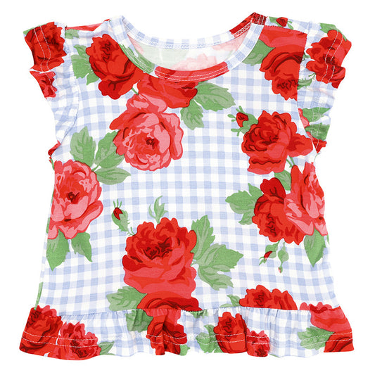 Two-Piece Short Sleeve + Shorts Ruffle Set - Blue Gingham + Red Roses