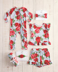 Load image into Gallery viewer, Two-Piece Short Sleeve + Shorts Ruffle Set - Blue Gingham + Red Roses
