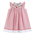 Load image into Gallery viewer, Red Seersucker Strawberry Smocked Bishop Dress
