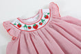 Load image into Gallery viewer, Red Seersucker Strawberry Smocked Bishop Dress
