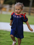 Load image into Gallery viewer, Christmas  Holiday Celebration Dress: Navy with Santa Sleigh
