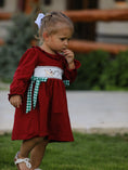 Load image into Gallery viewer, Christmas Smocking Embroidered Girls Dress with Green Plaid Bow
