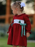Load image into Gallery viewer, Christmas Smocking Embroidered Girls Dress with Green Plaid Bow
