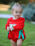 Load image into Gallery viewer, Christmas Smocked Girls Romper with Green Bow and Tree Embroidery

