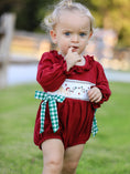 Load image into Gallery viewer, Christmas Embroidered Baby Girls Romper with Green Plaid Bow
