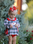 Load image into Gallery viewer, Christmas Plaid Smocking Embroidered Girls Bloomers Romper Set
