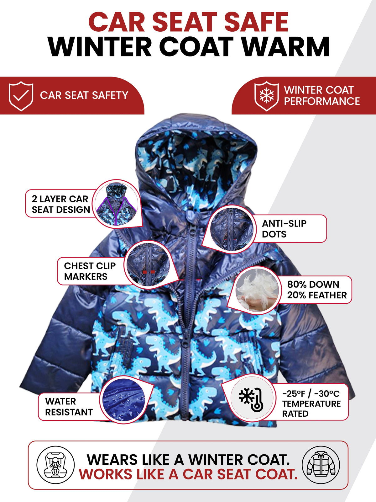 Car Seat Coat | The Road Coat Down - Navy Raptor Print
