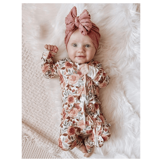 Dusty Pink Floral Baby Pajamas | Ruffle Zipper Romper