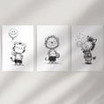 Load image into Gallery viewer, Black White Gender-Neutral Nursery Art Set. Lion Tiger Zebra
