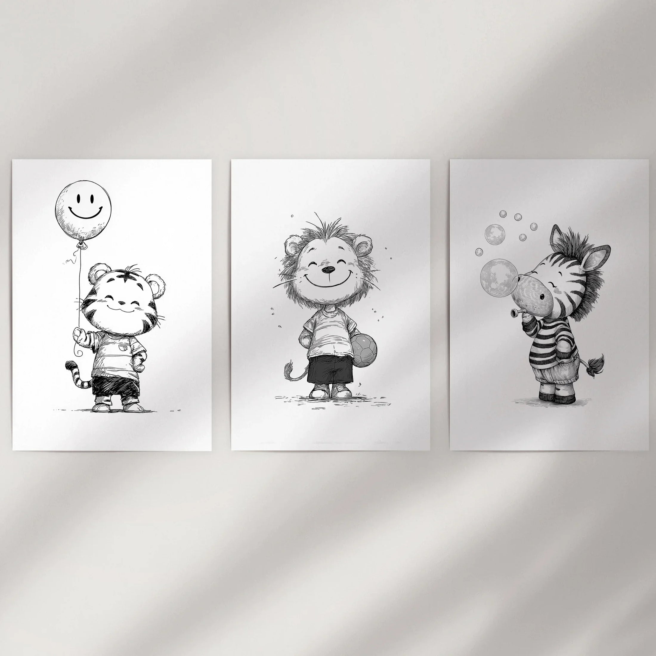 Black White Gender-Neutral Nursery Art Set. Lion Tiger Zebra