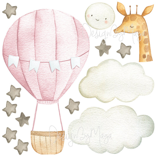 Baby animal inside Hot Air Balloon - Fabric Nursery Wall Art Decals