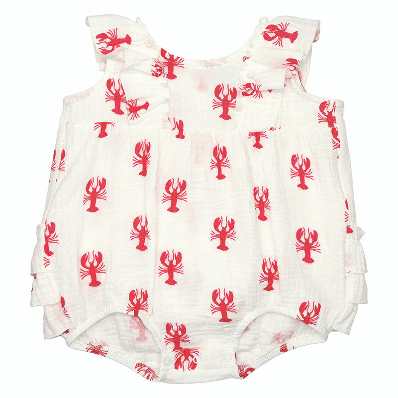 Sleeveless Bubble Romper with Ruffles - Lobster