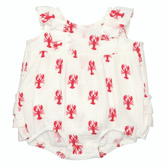 Sleeveless Bubble Romper with Ruffles - Lobster