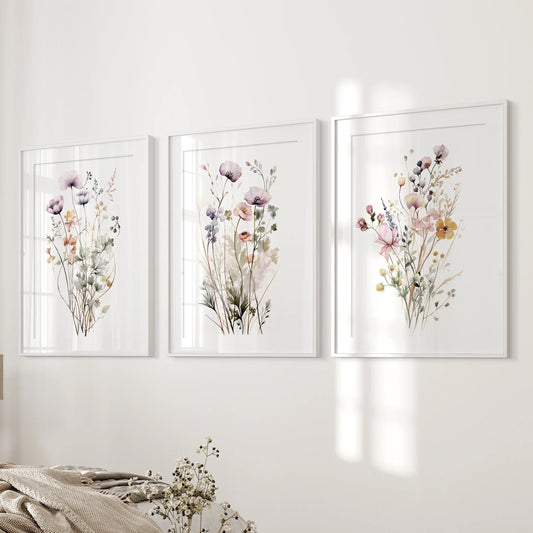 Floral Watercolor Wall Decor. Elegant Garden Set of 3 Prints