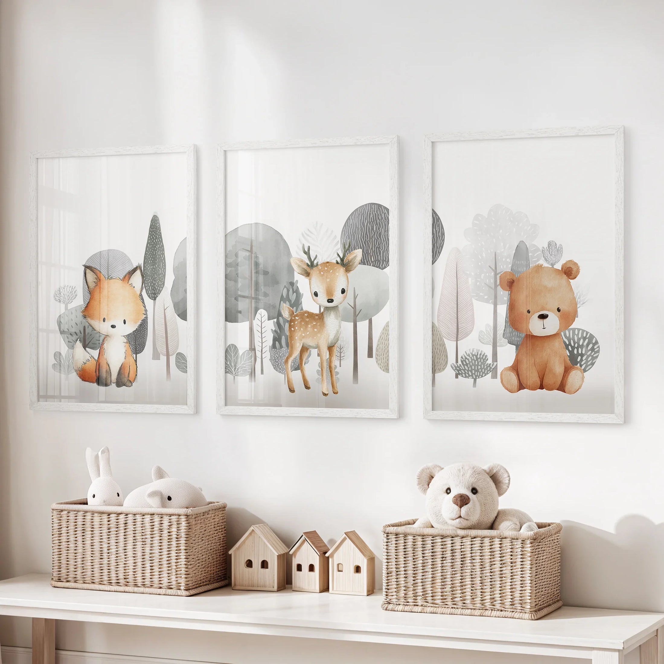 Forest Animal Nursery Decor. Cute Fox Fawn Bear Print Set